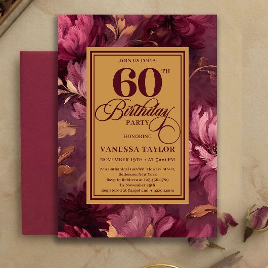Refined 60th Birthday Burgundy Blush Floral Invite 招待状