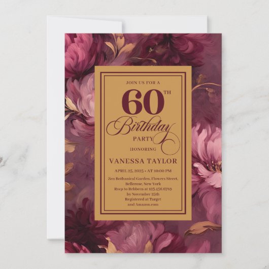 Refined 60th Birthday Burgundy Blush Floral Invite 招待状 (正面)