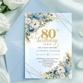 Refined 80th Birthday Invitation Boho Blue White  招待状