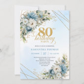 Refined 80th Birthday Invitation Boho Blue White  招待状 (正面)