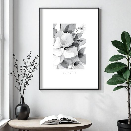 Refined Black White Overlapping Leaves & Flowers ポスター