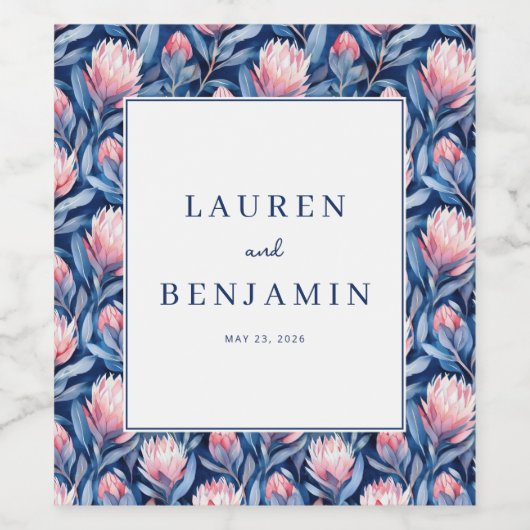 Refined Blue and Pink Floral Pattern ワインラベル (シングルラベル)