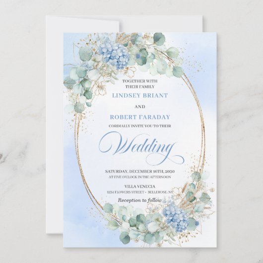 Refined Blue Floral Eucalyptus Wheat Wedding Invit 招待状 (正面)