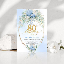 Refined Blue Floral Gold 80th Birthday Invitation 招待状