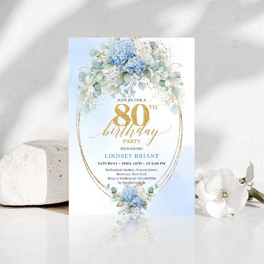 Refined Blue Floral Gold 80th Birthday Invitation 招待状