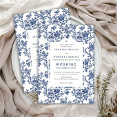 Refined Blue Floral Toile Classic Wedding Invite 招待状
