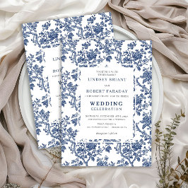 Refined Blue Floral Toile Classic Wedding Invite 招待状