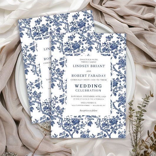 Refined Blue Floral Toile Classic Wedding Invite 招待状
