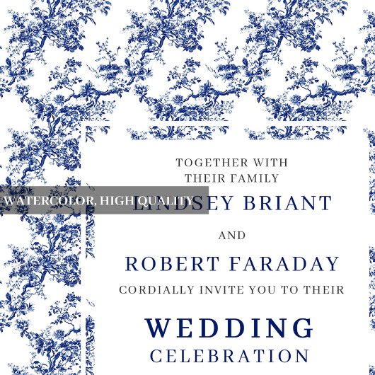 Refined Blue Floral Toile Classic Wedding Invite 招待状