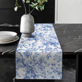 Refined Blue French Toile Roses Floral Table Runne ロングテーブルランナー