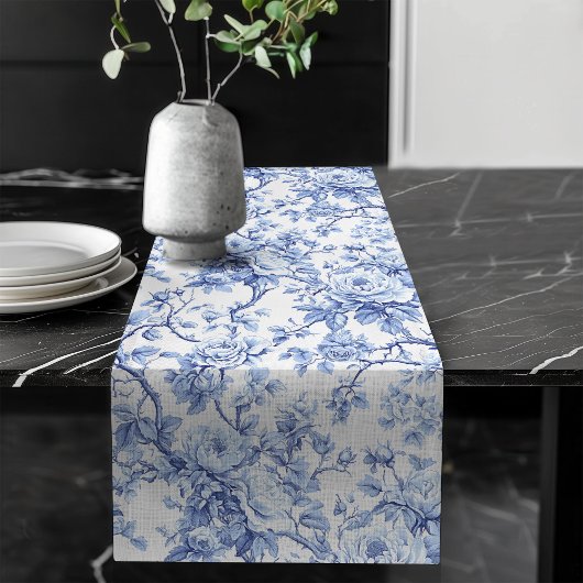 Refined Blue French Toile Roses Floral Table Runne ロングテーブルランナー