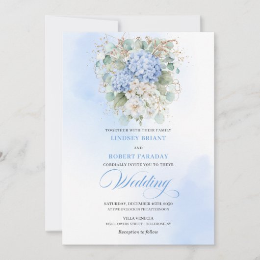 Refined Blue Hydrangea Floral Gold Wedding Invite 招待状 (正面)