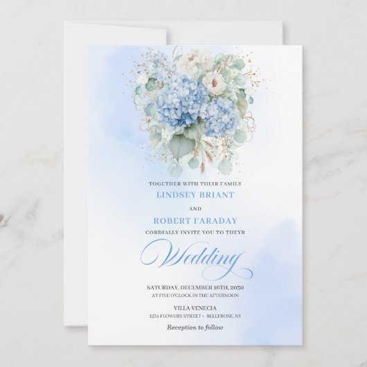 Refined Blue Hydrangea Floral Gold Wedding Invite 招待状 (正面)