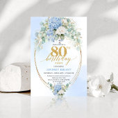 Refined Blue Hydrangea Gold Floral 80th Birthday   招待状
