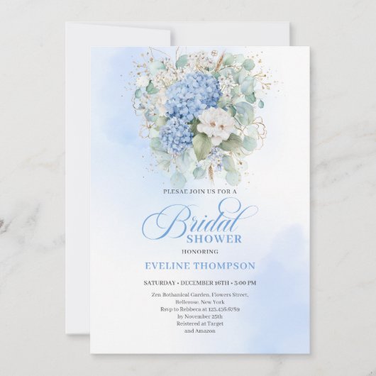 Refined Blue Hydrangeas Bridal Shower Invitation 招待状 (正面)
