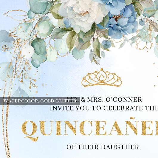 Refined Blue Peonies Eucalyptus Quinceañera Invite 招待状