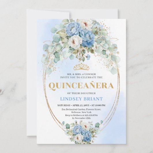 Refined Blue Peonies Eucalyptus Quinceañera Invite 招待状 (正面)