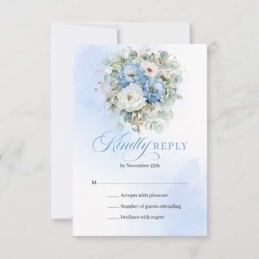 Refined Blue White Floral Eucalyptus Wedding RSVP (正面)