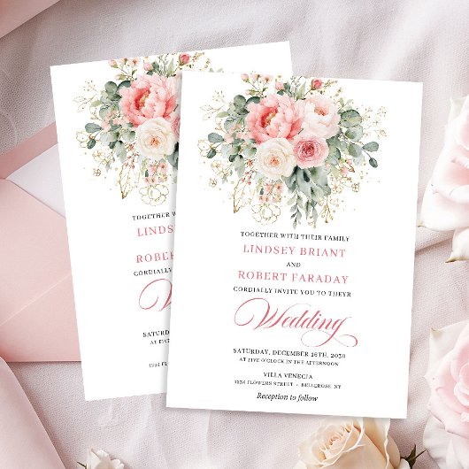 Refined Blush Floral Gold Wedding Invitation 招待状