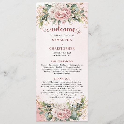 Refined Blush Pink Floral Greenery Wedding Program プログラム (正面)