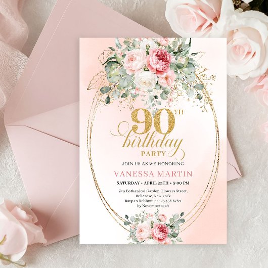 Refined Blush Roses Gold Minimal 90th Birthday 招待状