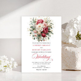 Refined Bohemian Red White Floral Greenery Invite 招待状