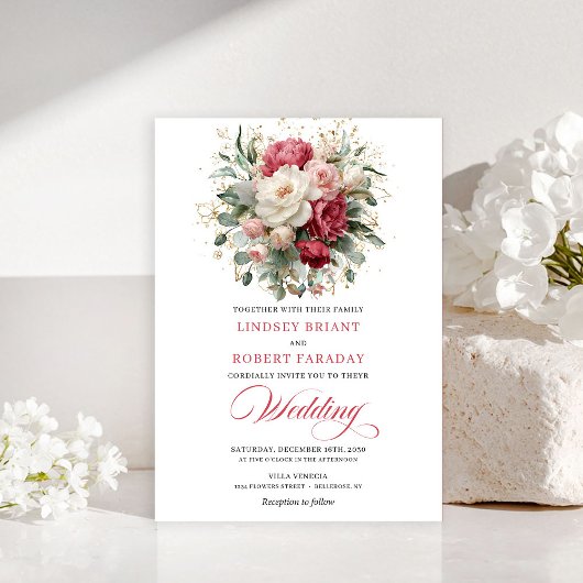 Refined Bohemian Red White Floral Greenery Invite 招待状