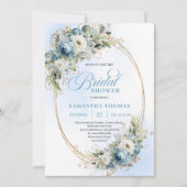 Refined Boho Dusty Blue Flowers Gold Bridal Shower 招待状 (正面)