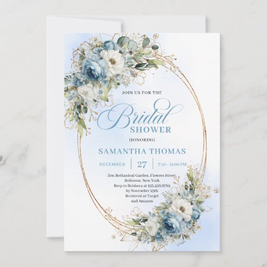 Refined Boho Dusty Blue Flowers Gold Bridal Shower 招待状 (正面)