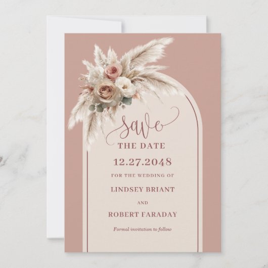 Refined Boho Dusty Pink Floral Save the Date Card 招待状 (正面)