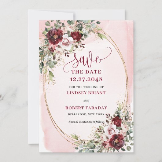 Refined Boho Maroon Blush Gold Floral Save Date 招待状 (正面)
