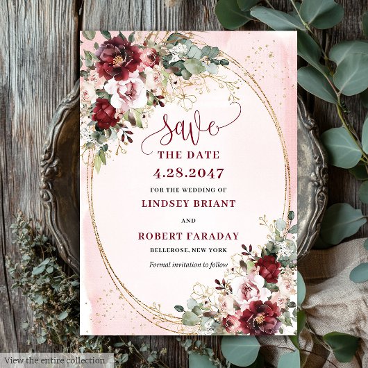 Refined Boho Maroon Blush Gold Floral Save Date 招待状