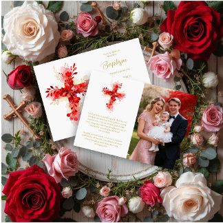 Refined Botanical Cross in Red Tones Photo Baptism 招待状