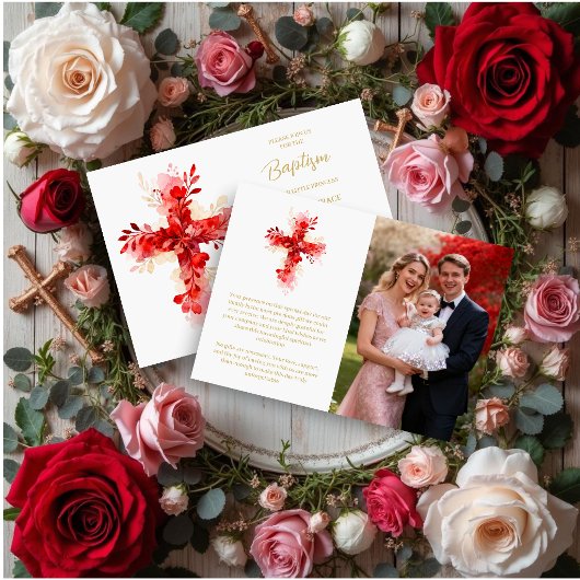 Refined Botanical Cross in Red Tones Photo Baptism 招待状