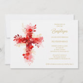 Refined Botanical Cross in Red Tones Photo Baptism 招待状 (正面)