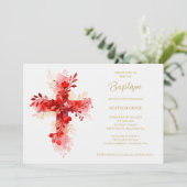Refined Botanical Cross in Red Tones Photo Baptism 招待状 (スタンド正面)
