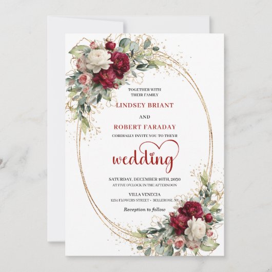 Refined Burgundy Boho Floral Wedding Invitation 招待状 (正面)