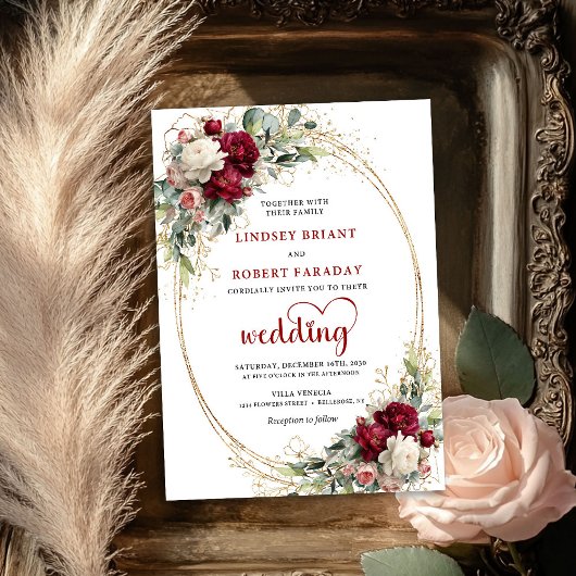 Refined Burgundy Boho Floral Wedding Invitation 招待状