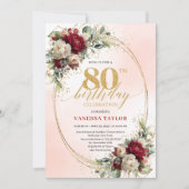 Refined Burgundy Floral Gold 80th Birthday Invite 招待状 (正面)