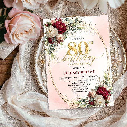 Refined Burgundy Floral Gold 80th Birthday Invite 招待状