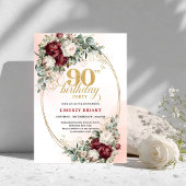 Refined Burgundy Floral Gold Frame 90th Birthday  招待状
