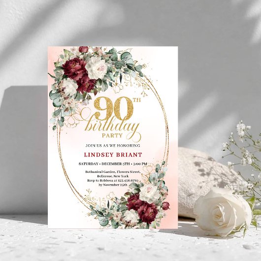 Refined Burgundy Floral Gold Frame 90th Birthday  招待状