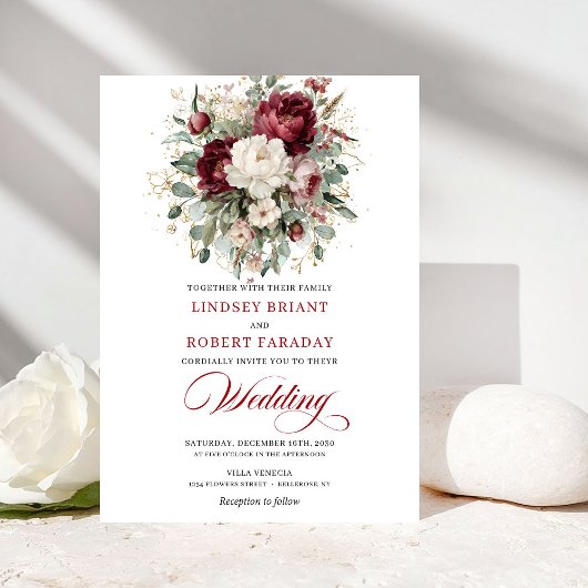 Refined Burgundy White Floral Wedding Invitation 招待状