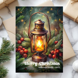 Refined Christmas lantern vintage pine wreath card シーズンカード