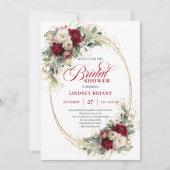 Refined Deep Red Floral Gold Bridal Shower Invite 招待状 (正面)