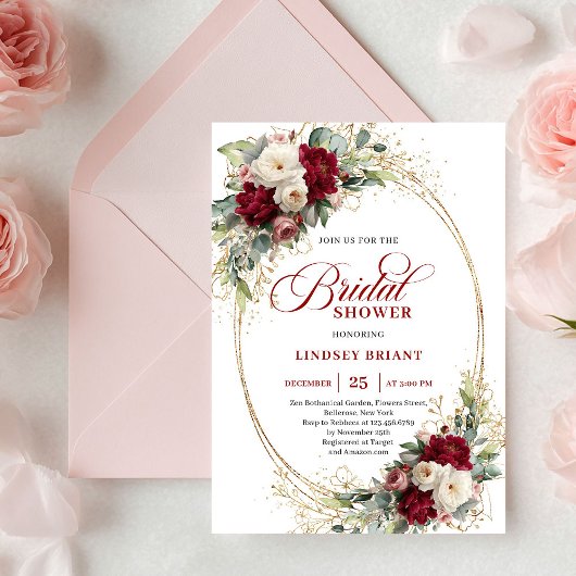 Refined Deep Red Floral Gold Bridal Shower Invite 招待状