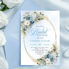 Refined Dusty Blue Gold Frame Bridal Shower Invite 招待状