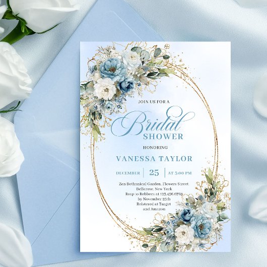 Refined Dusty Blue Gold Frame Bridal Shower Invite 招待状