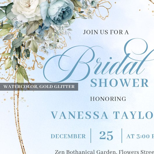Refined Dusty Blue Gold Frame Bridal Shower Invite 招待状