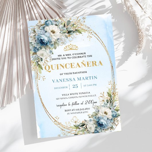 Refined Dusty Blue Gold Greenery Quince 15 招待状